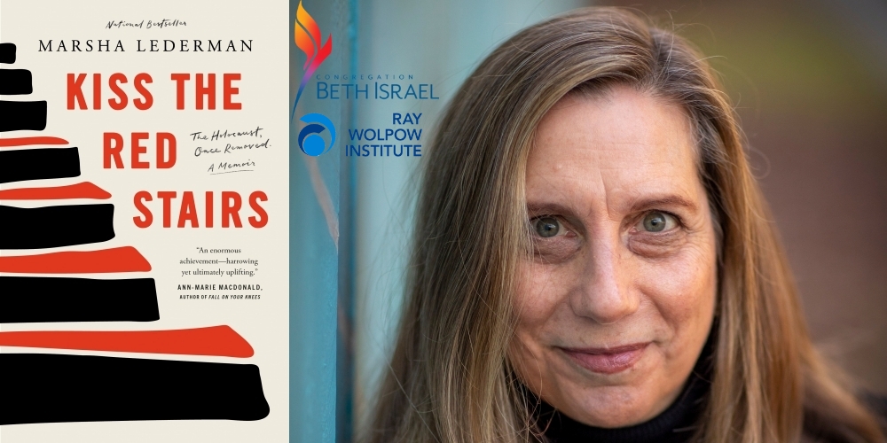 On the left, the front cover of "Kiss the Red Stairs", and on the right a picture of Marsha smiling with the Congregation Beth Israel and Ray Wolpow Institute logos