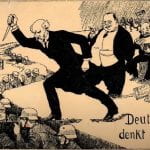 Cartoon from early 20th century showing old man in tuxedo wielding a knife on German front line.