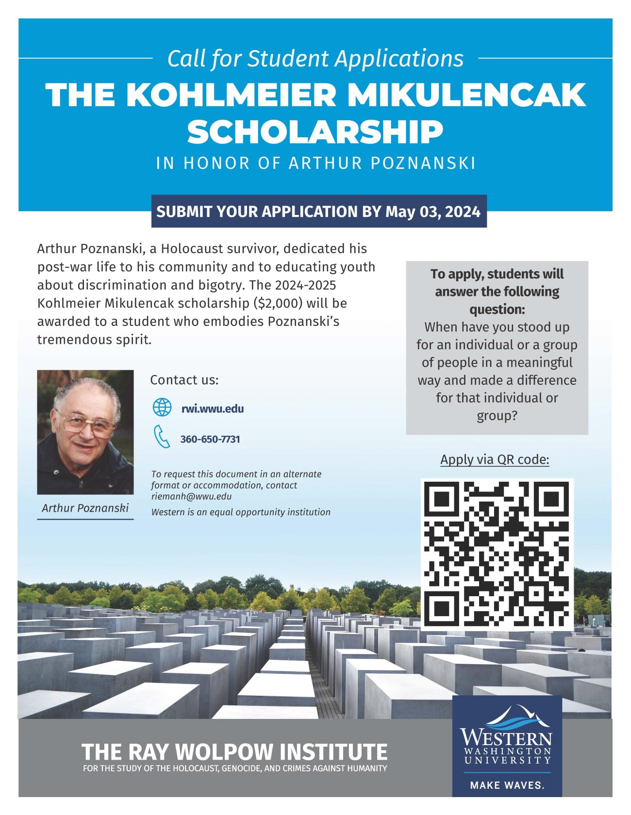 Scholarship poster including a QR code to access the Canvas site.